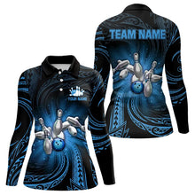 Load image into Gallery viewer, Blue tribal pattern Bowling Polo, Quarter Zip shirt for Women Custom team bowling jersey, bowling gift NQS9263