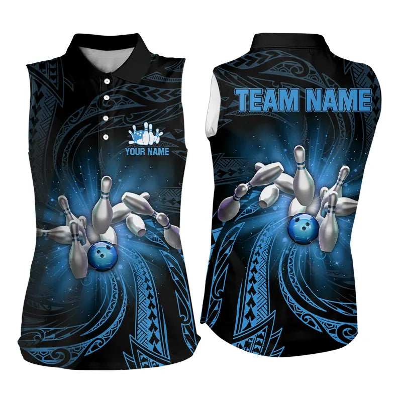 Blue tribal pattern Women sleeveless polo shirts Custom team bowling jerseys, bowling gifts for bowler NQS9263