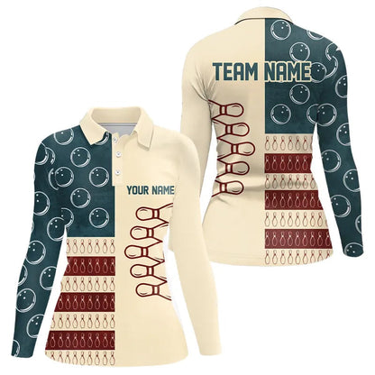 Vintage American Flag Bowling Polo, Quarter Zip shirt for Women Custom retro bowling team jerseys NQS9264
