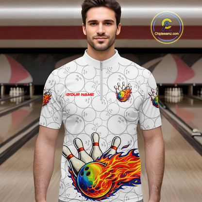 Colorful rainbow flame Bowling Polo, 1/4 zip Shirt For Men Custom white camo Bowling Team jerseys NQS11319