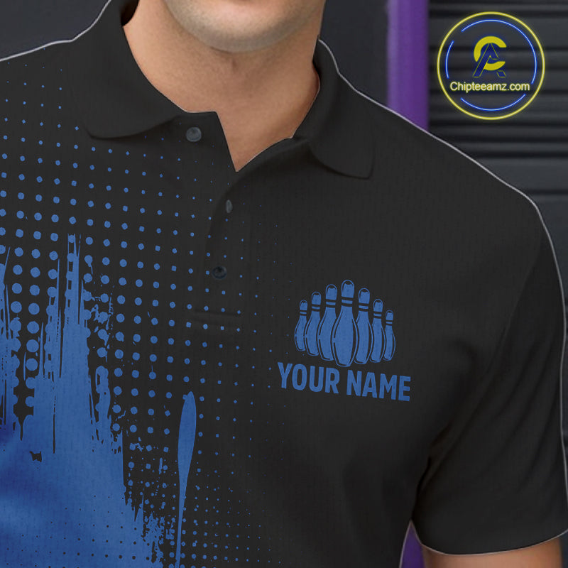 Black and Blue Bowling Polo, Quarter Zip Shirt For Men Custom Team Bowling jerseys NQS11320
