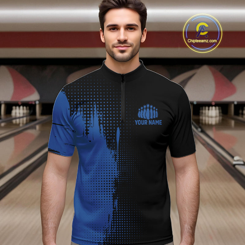 Black and Blue Bowling Polo, Quarter Zip Shirt For Men Custom Team Bowling jerseys NQS11320