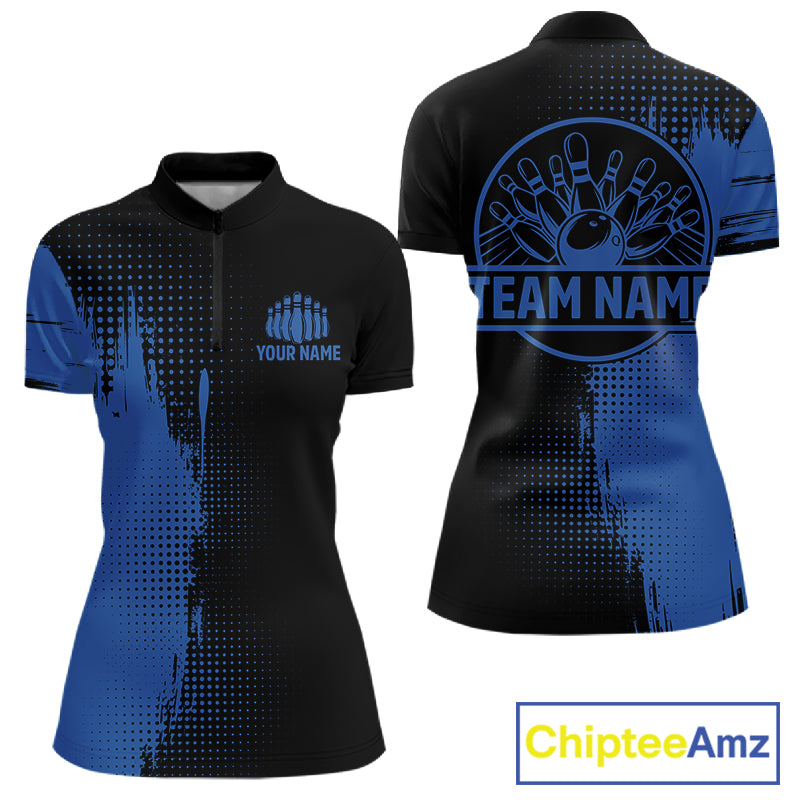 Black and Blue Bowling Polo, Quarter Zip Shirt For Women Custom Team Bowling jerseys NQS11320