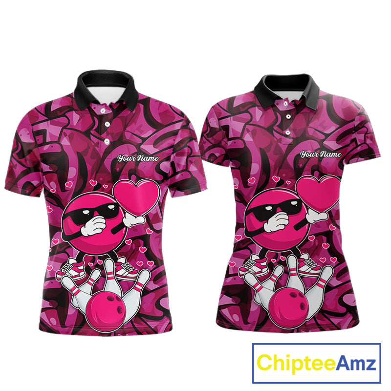 Funny Bowling heart pink graffiti pattern Custom Valentine matching bowling shirts for couples NQS11322