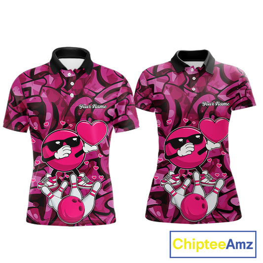 Funny Bowling heart pink graffiti pattern Custom Valentine matching bowling shirts for couples NQS11322