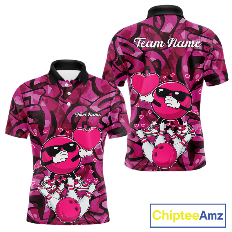 Funny Bowling heart pink graffiti pattern Custom Valentine matching bowling shirts for couples NQS11322