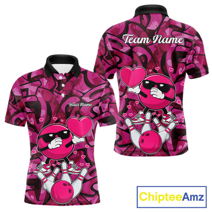 Funny Bowling heart pink graffiti pattern Custom Valentine matching bowling shirts for couples NQS11322
