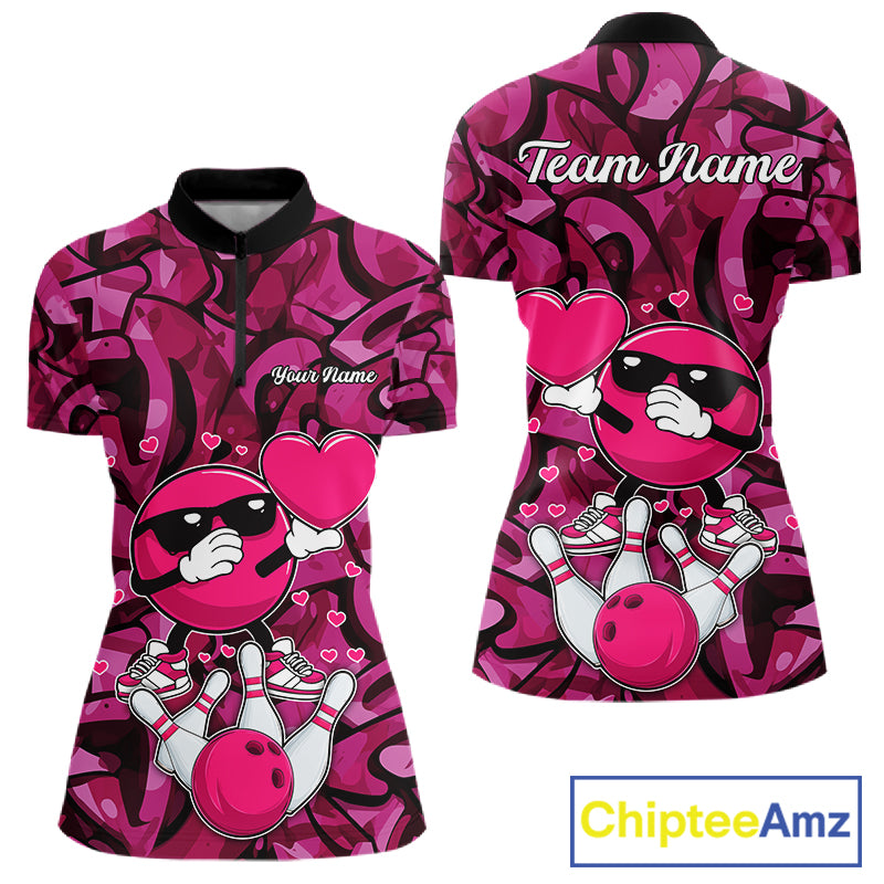 Funny Bowling heart pink graffiti pattern Valentine Women Bowling Shirt Custom Couple Bowling Outfits NQS11322