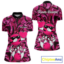 Load image into Gallery viewer, Funny Bowling heart pink graffiti pattern Custom Valentine matching bowling shirts for couples NQS11322