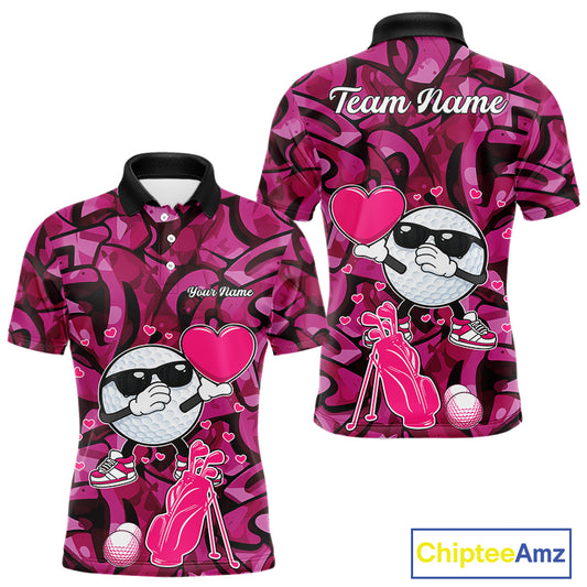 Funny Golf ball heart pink graffiti pattern Valentine Golf polo shirt for men Custom Couple Outfits NQS11323