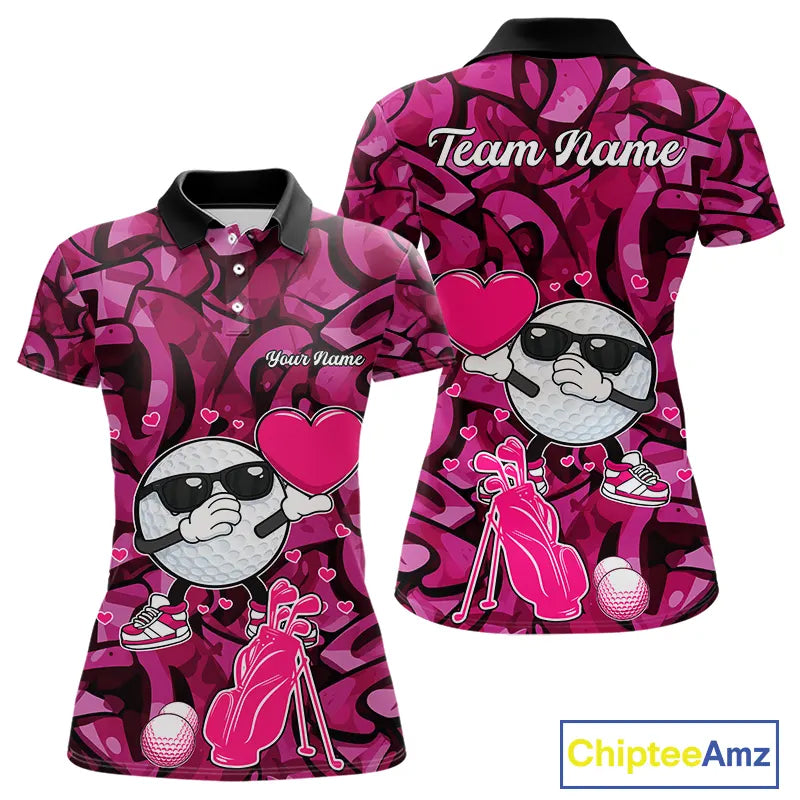 Funny Golf ball heart pink graffiti pattern Valentine Golf polo shirt for Women Custom Couple Outfits NQS11323