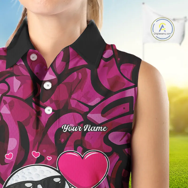 Funny Golf ball heart pink graffiti pattern Valentine Sleeveless polo shirt Custom Couple Outfits NQS11323