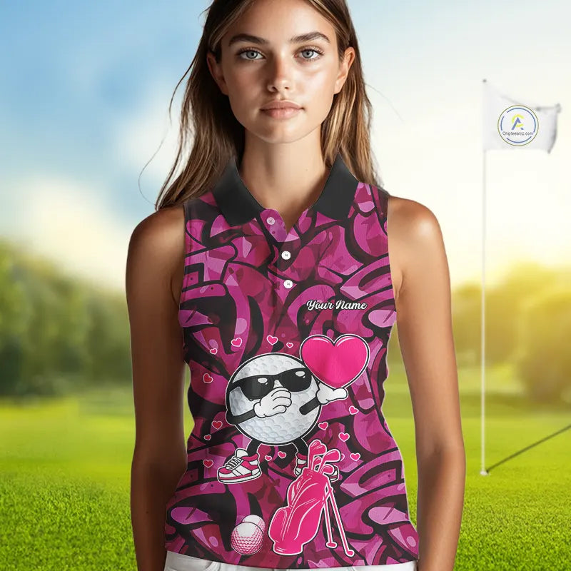 Funny Golf ball heart pink graffiti pattern Valentine Sleeveless polo shirt Custom Couple Outfits NQS11323