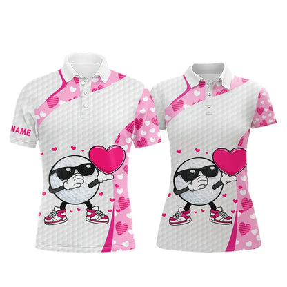 Personalized funny golf ball pink heart pattern matching golf polo shirts for couples, Valentine gift NQS11324