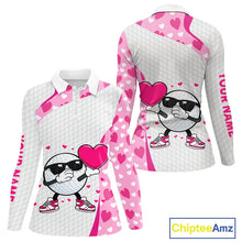 Load image into Gallery viewer, Personalized funny golf ball pink heart pattern white Womens golf polo shirts, Valentine golf gifts NQS11324