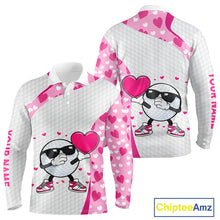 Load image into Gallery viewer, Personalized funny golf ball pink heart pattern white Mens golf polo shirts, Valentine golf gifts NQS11324