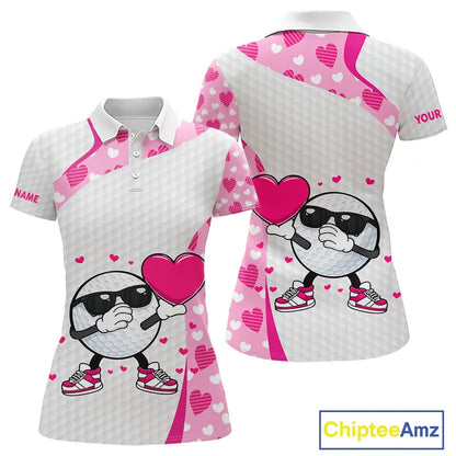 Personalized funny golf ball pink heart pattern matching golf polo shirts for couples, Valentine gift NQS11324