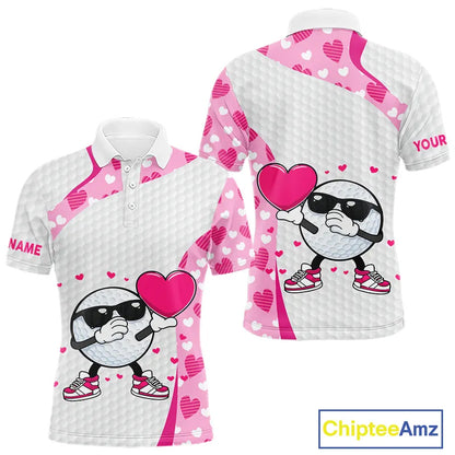 Personalized funny golf ball pink heart pattern matching golf polo shirts for couples, Valentine gift NQS11324