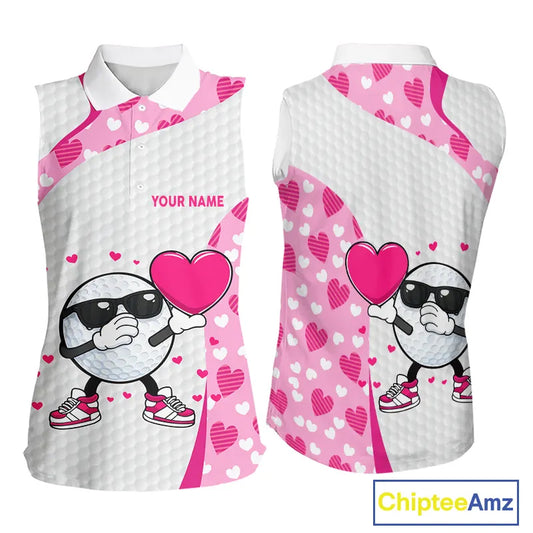Personalized funny golf ball pink heart pattern white Sleeveless Golf Polo Shirt, Valentine golf gift NQS11324