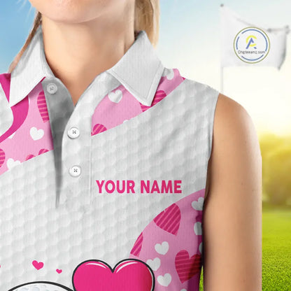 Personalized funny golf ball pink heart pattern white Sleeveless Golf Polo Shirt, Valentine golf gift NQS11324