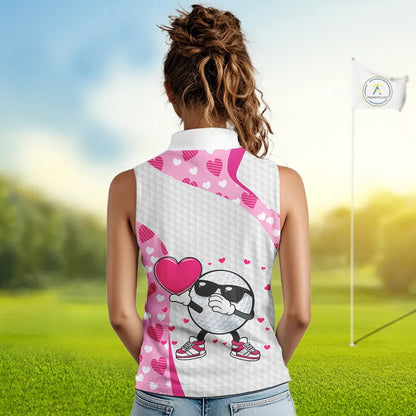 Personalized funny golf ball pink heart pattern white Sleeveless Golf Polo Shirt, Valentine golf gift NQS11324