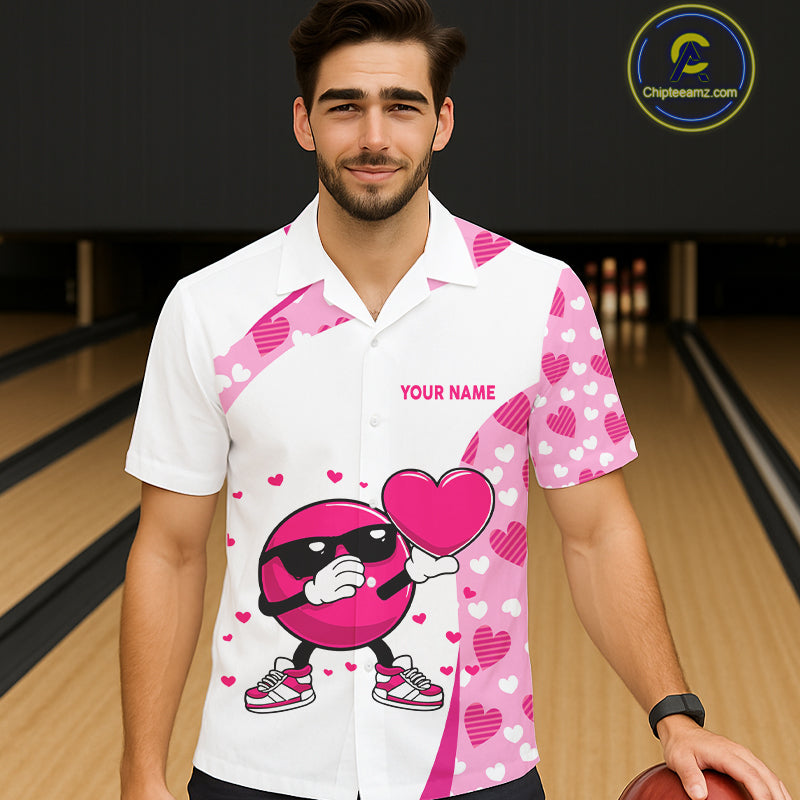 Custom funny bowling ball pink heart pattern white Bowling Hawaiian shirt, Valentine bowling gifts NQS11325