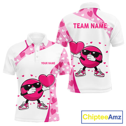Custom funny bowling ball pink heart pattern matching bowling shirts for couples, Valentine gifts NQS11325