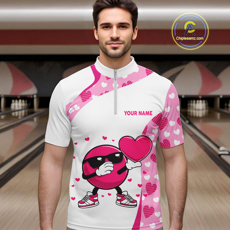 Personalized funny bowling ball pink heart pattern white Mens bowling shirts, Valentine bowling gifts NQS11325
