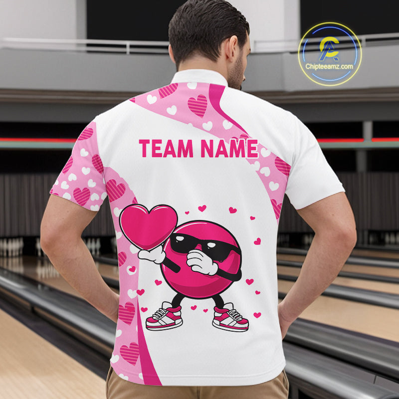 Personalized funny bowling ball pink heart pattern white Mens bowling shirts, Valentine bowling gifts NQS11325