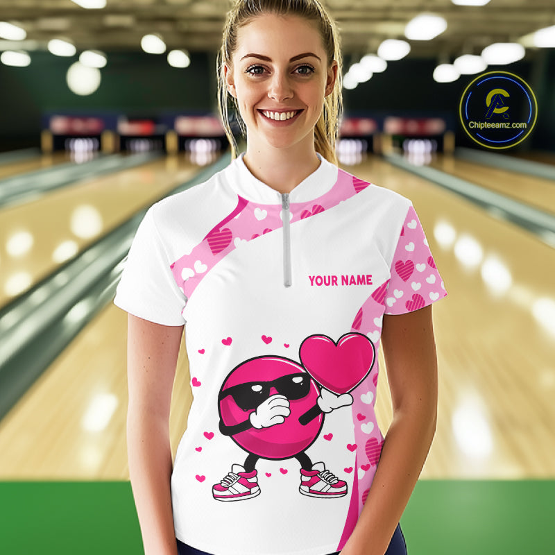 Personalized funny bowling ball pink heart pattern white Women bowling shirts, Valentine bowling gift NQS11325