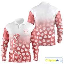 Load image into Gallery viewer, Personalized pink heart pattern white Mens golf polo shirts, custom Valentine golf gifts for him NQS11326
