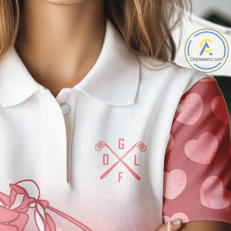 Personalized pink heart pattern white Womens golf polo shirts, custom Valentine golf gifts for her NQS11326