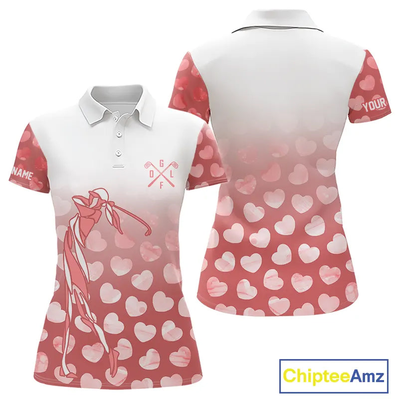 Personalized pink heart pattern white matching golf polo shirts for couples, Valentine golf gifts NQS11326