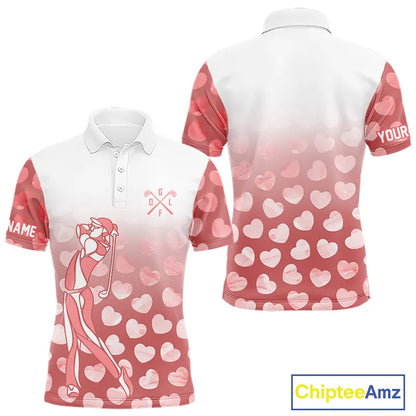Personalized pink heart pattern white matching golf polo shirts for couples, Valentine golf gifts NQS11326
