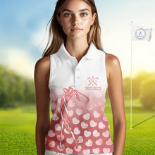 Load image into Gallery viewer, Personalized pink heart pattern white Sleeveless Golf Polo Shirt, custom Valentine golf gifts for her NQS11326