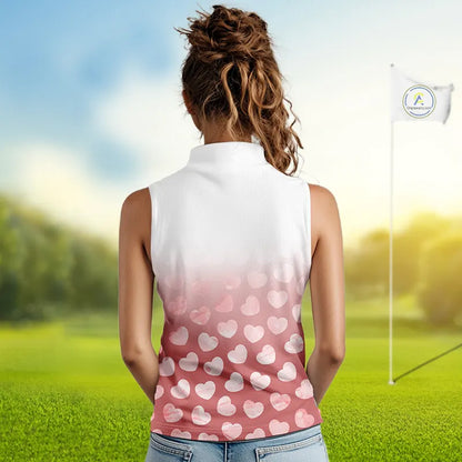 Personalized pink heart pattern white Sleeveless Golf Polo Shirt, custom Valentine golf gifts for her NQS11326