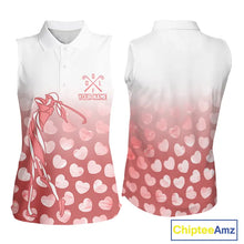 Load image into Gallery viewer, Personalized pink heart pattern white Sleeveless Golf Polo Shirt, custom Valentine golf gifts for her NQS11326