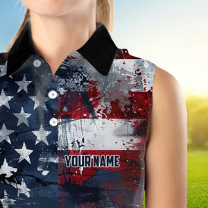 Personalized Sleeveless Polo shirts for Women custom grunge American Flag patriotic Ladies golf wears NQS9433