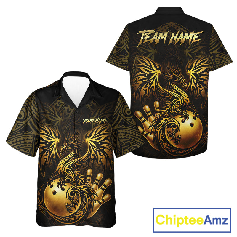 Custom Black And Gold tribal Dragon Bowling Hawaiian Shirt, Dragon Bowling Team Shirts Uniform NQS11534