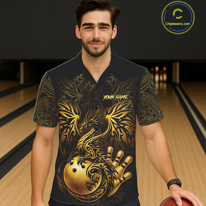 Custom Black And Gold tribal Dragon Bowling Hawaiian Shirt, Dragon Bowling Team Shirts Uniform NQS11534