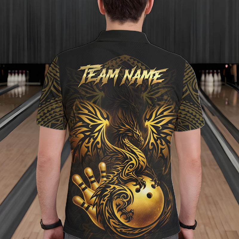 Custom Black And Gold tribal Dragon Bowling Shirts For Men, Dragon Bowling Team Shirts Uniform NQS11534