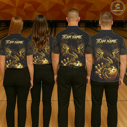 Custom Black And Gold tribal Dragon Bowling Shirts For Men, Dragon Bowling Team Shirts Uniform NQS11534