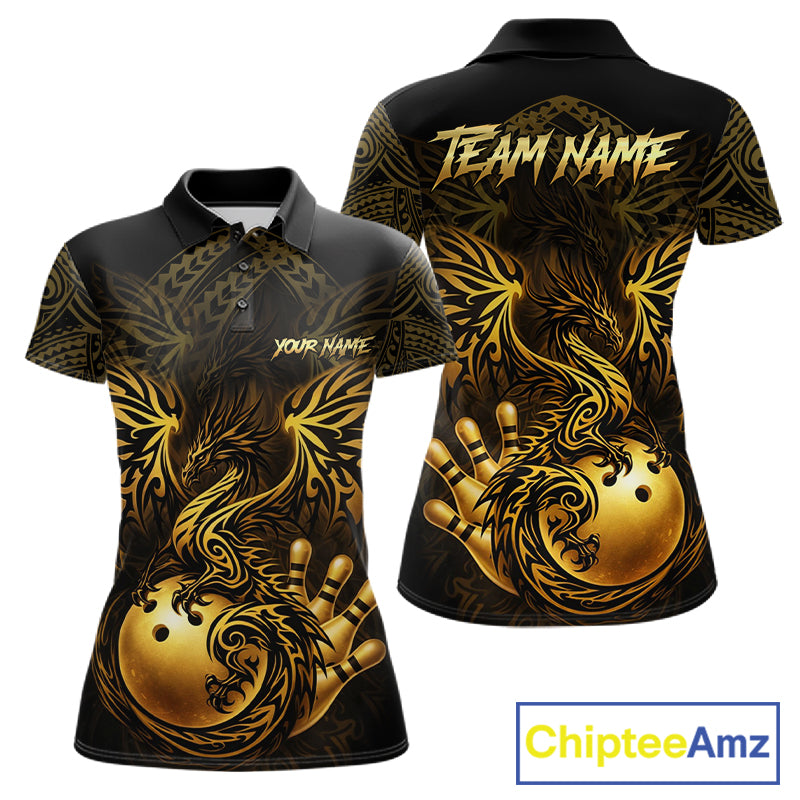 Custom Black And Gold tribal Dragon Bowling Shirts For Women, Dragon Bowling Team Shirts Uniform NQS11534
