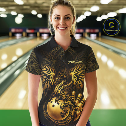 Custom Black And Gold tribal Dragon Bowling Shirts For Women, Dragon Bowling Team Shirts Uniform NQS11534