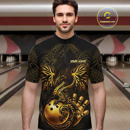 Custom Black And Gold tribal Dragon Bowling Shirts For Men, Dragon Bowling Team Shirts Uniform NQS11534