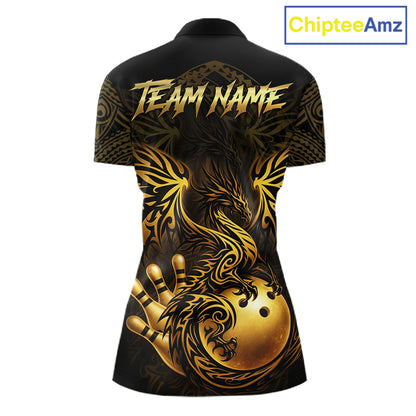 Custom Black And Gold tribal Dragon Bowling Shirts For Women, Dragon Bowling Team Shirts Uniform NQS11534