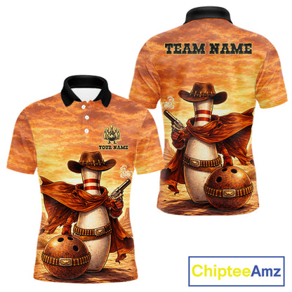 Custom Funny Desert Bowling Cowboy gun bowling team shirts For Men, Bowling Polo, 1/4 zip jerseys NQS11536