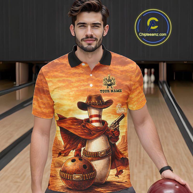 Custom Funny Desert Bowling Cowboy gun bowling team shirts For Men, Bowling Polo, 1/4 zip jerseys NQS11536