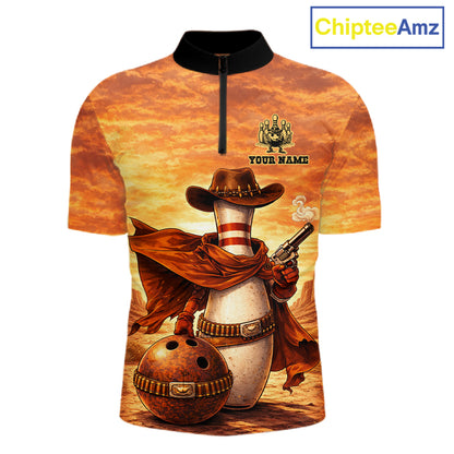 Custom Funny Desert Bowling Cowboy gun bowling team shirts For Men, Bowling Polo, 1/4 zip jerseys NQS11536