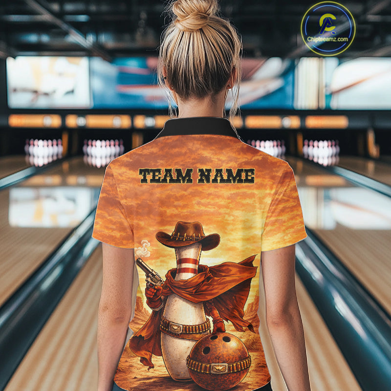 Custom Funny Desert Bowling Cowboy gun bowling team shirts For Women, Bowling Polo, 1/4 zip jerseys NQS11536